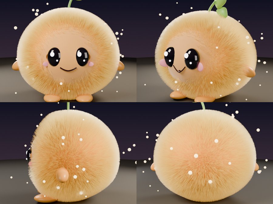 A character turnaround of Pollie from the front, three-quarter, side and back