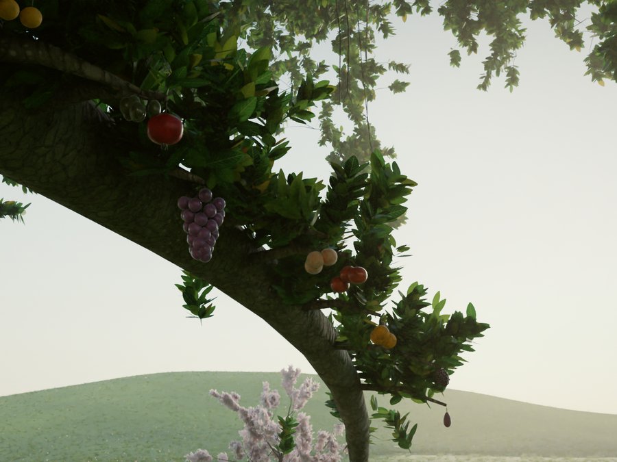 A bough of the Tree of Life hung with fruit against a soft sky
