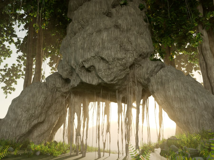 The roots of the Tree of Life arching over the river in morning light
