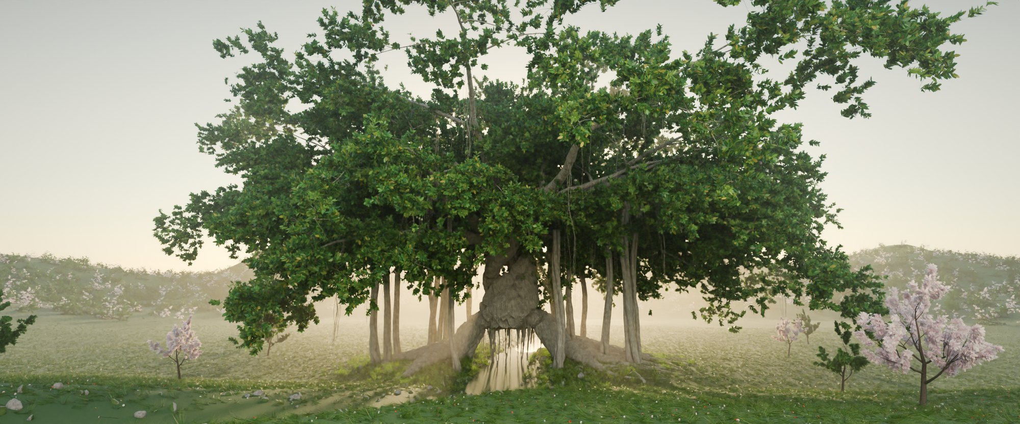 The Tree of Life standing astride the river in golden light