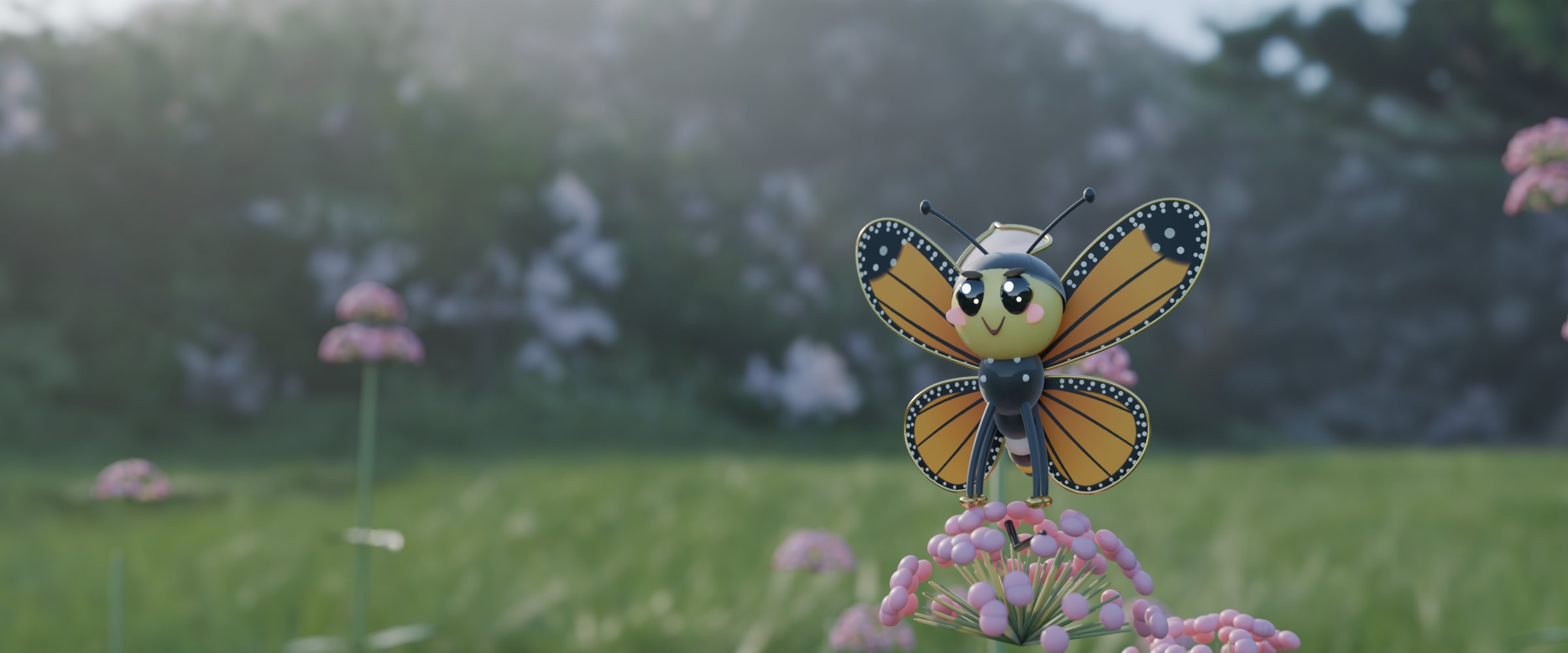 Monty, a smiling monarch butterfly, standing on pink milkweed flowers in a sunlit meadow