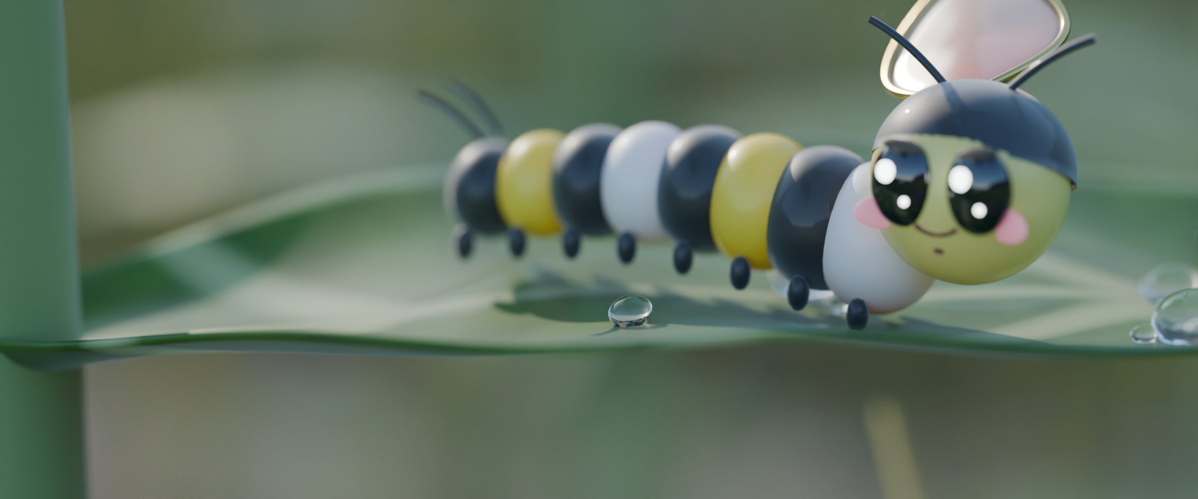 Monty the caterpillar smiling on a dewy milkweed leaf